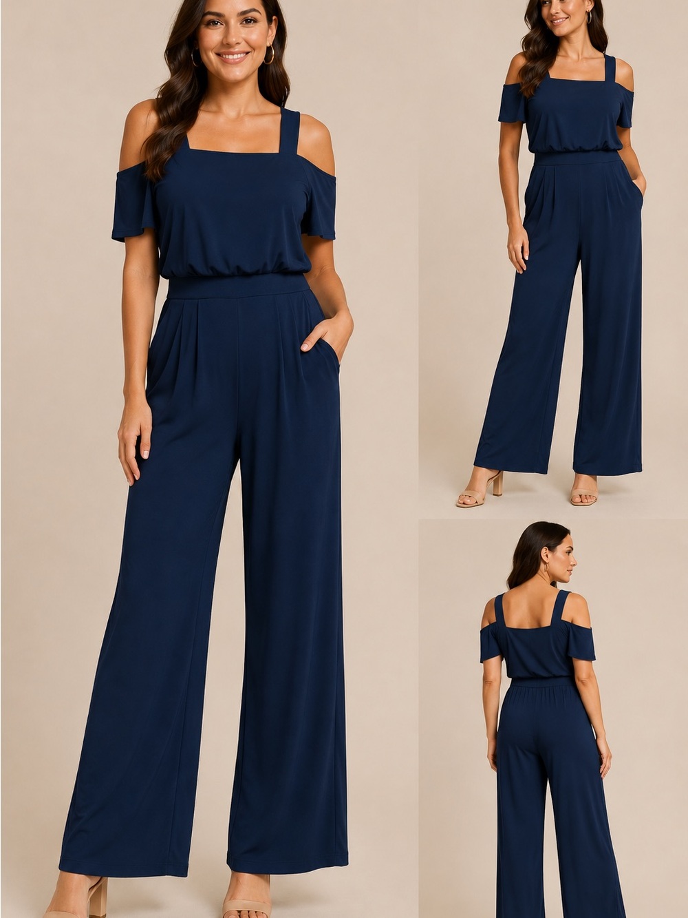 Vince Camuto Navy Cold Shoulder Wide Leg Jumpsuit Size 6